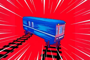 빨간색 배경 위에 파란색 열차가 철로 위에 있는 그림