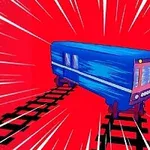 빨간색 배경 위에 파란색 열차가 철로 위에 있는 그림