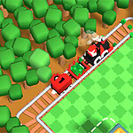 숲 속의 철로를 달리는 빨간 증기 기관차