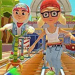 세 명의 만화 스타일 캐릭터가 기차 선로 위를 달리는 모습