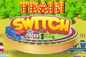 기차 모양의 아이콘과 나무 배경 위에 TRAIN SWITCH라는 글자가 있는 원형 트랙 이미지