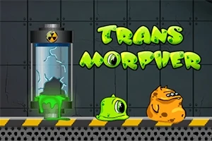 검은 벽을 배경으로 녹색 슬라임과 주황색 괴물 캐릭터가 있으며, 위에는 TRANS MORPHER라는 녹색 텍스트가 있습니다