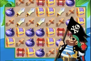 해적이 깃발을 들고 서 있고 보물 상자, 칼, 두루마리, 폭탄 아이콘으로 가득 찬 퍼즐 보드가 있습니다