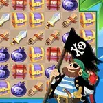 해적이 깃발을 들고 서 있고 보물 상자, 칼, 두루마리, 폭탄 아이콘으로 가득 찬 퍼즐 보드가 있습니다