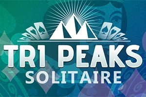 TRI PEAKS SOLITAIRE라는 텍스트와 카드 이미지가 배경에 있는 푸른색 톤의 디자인