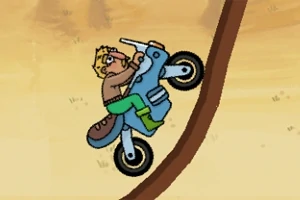 만화 스타일의 캐릭터가 파란색 오토바이를 타고 가파른 언덕을 오르는 모습