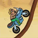 만화 스타일의 캐릭터가 파란색 오토바이를 타고 가파른 언덕을 오르는 모습