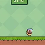 녹색 격자 배경 위 작은 강아지가 케이크 모양 상자를 물고 있는 모습