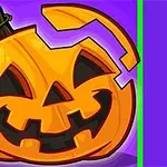 밝은 보라색 배경에 웃고 있는 얼굴 모양으로 조각된 호박