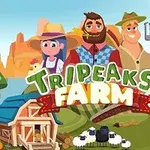 농장 배경 앞에 세 명의 농부와 양, 헛간, 그리고 TRIPEAKS FARM 글자가 있는 그림