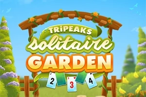 나무 아치 아래에 있는 세 장의 카드와 TRIPEAKS SOLITAIRE GARDEN이라는 글자가 있는 정원 테마의 이미지