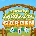 나무 아치 아래에 있는 세 장의 카드와 TRIPEAKS SOLITAIRE GARDEN이라는 글자가 있는 정원 테마의 이미지