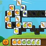 다양한 과일과 채소 그림이 그려진 타일이 쌓여 있는 퍼즐 형태의 이미지