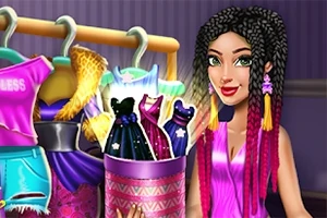 의상과 액세서리로 가득 찬 옷장 앞에 서 있는 화려한 드레스를 든 여성