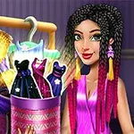 의상과 액세서리로 가득 찬 옷장 앞에 서 있는 화려한 드레스를 든 여성