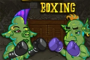 두 녹색 괴물 캐릭터가 각자 보라색과 검은색 글러브를 끼고 대결을 준비하는 모습