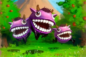 보라색 뿔 달린 세 마리의 웃고 있는 몬스터들이 초원 위에 있는 모습