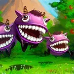 보라색 뿔 달린 세 마리의 웃고 있는 몬스터들이 초원 위에 있는 모습