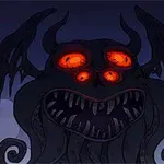 어두운 하늘 아래 빨간 눈과 날개를 가진 거대한 괴물이 건물 위에 나타난 모습