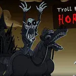 어둡고 음산한 배경에 기괴한 모습의 인물과 말 캐릭터가 있는 모습