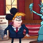 자유의 여신상과 미국 국기를 든 경찰관이 등장하는 만화 스타일의 이미지