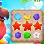 알록달록 모자를 쓴 앵무새와 과일 및 조개 모양의 퍼즐 조각이 있는 해변 배경