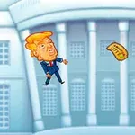 노란 머리를 가진 만화 스타일의 인물이 공중에 떠 있으며, 그 앞에 햄버거가 날아가는 장면