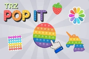 무지개 색상의 팝잇 장난감과 다양한 모양들이 배경에 배열된 이미지