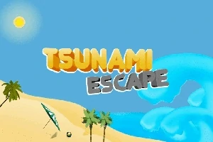 해변과 나무, 파라솔이 있는 배경 위에 TSUNAMI ESCAPE 글자가 있는 이미지