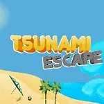 해변과 나무, 파라솔이 있는 배경 위에 TSUNAMI ESCAPE 글자가 있는 이미지