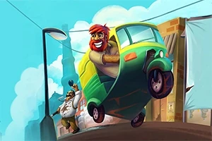 녹색과 노란색 삼륜차를 운전하는 붉은 머리 남자와 뒤에서 손을 흔드는 또 다른 남자