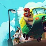 녹색과 노란색 삼륜차를 운전하는 붉은 머리 남자와 뒤에서 손을 흔드는 또 다른 남자