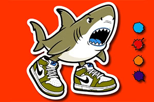 조던 운동화를 신고 있는 만화 스타일의 상어 캐릭터