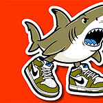 조던 운동화를 신고 있는 만화 스타일의 상어 캐릭터