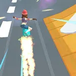 소녀가 공중부양 보드에 올라타고 도시 도로 위를 질주하고 있다