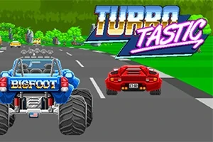 거대한 휠을 가진 파란색 빅풋 차량과 빨간 스포츠카가 고속도로를 달리고 있으며, 상단에 TURBO TASTIC 텍스트가 보이는 이미지