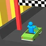 녹색 차를 탄 파란 사람 모양의 캐릭터가 체크무늬 깃발 아래를 지나고 있는 모습