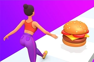 보라색 상의와 보라색 바지를 입은 여성이 길을 따라 걸으며 햄버거를 향해 가고 있다