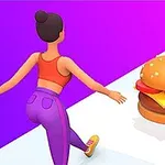 보라색 상의와 보라색 바지를 입은 여성이 길을 따라 걸으며 햄버거를 향해 가고 있다