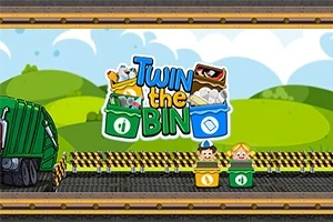 녹색과 파란색 쓰레기통에 다양한 쓰레기가 담겨 있는 이미지, 두 캐릭터가 쓰레기통에 앉아 있고 배경은 푸르른 언덕과 하늘이 보입니다