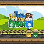 녹색과 파란색 쓰레기통에 다양한 쓰레기가 담겨 있는 이미지, 두 캐릭터가 쓰레기통에 앉아 있고 배경은 푸르른 언덕과 하늘이 보입니다