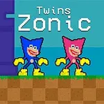 두 명의 캐릭터가 픽셀 아트 스타일로 그려져 있으며, 각각 파란색과 분홍색 코스튬을 입고 서 있는 모습