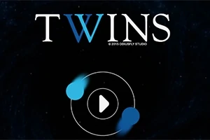 배경에 어두운 우주 공간이 있고, 중심에 두 개의 파란색 빛과 원형 재생 아이콘이 있는 화면