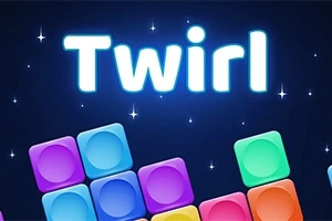 알록달록한 블록들이 기울어진 상태로 배열되어 있으며, 상단에 Twirl이라는 빛나는 글자가 있는 이미지