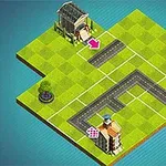 격자무늬의 녹색 잔디 지형 위에 도로와 건물이 배치된 미니어처 도시 풍경