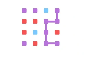 여러 개의 빨간, 파란, 보라색 점들 사이를 보라색 선으로 연결한 기하학적 패턴