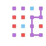 여러 개의 빨간, 파란, 보라색 점들 사이를 보라색 선으로 연결한 기하학적 패턴