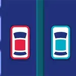 파란색 도로 위에 빨간 차와 파란 차가 나란히 놓여 있다