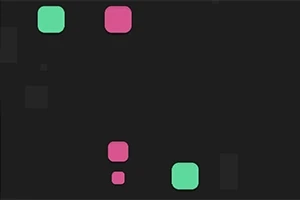 검정 배경에 분홍색과 녹색의 정사각형이 흩어져 있습니다