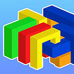 파란색, 녹색, 빨간색, 노란색 막대들이 서로 엉켜있는 3D 퍼즐 형태
